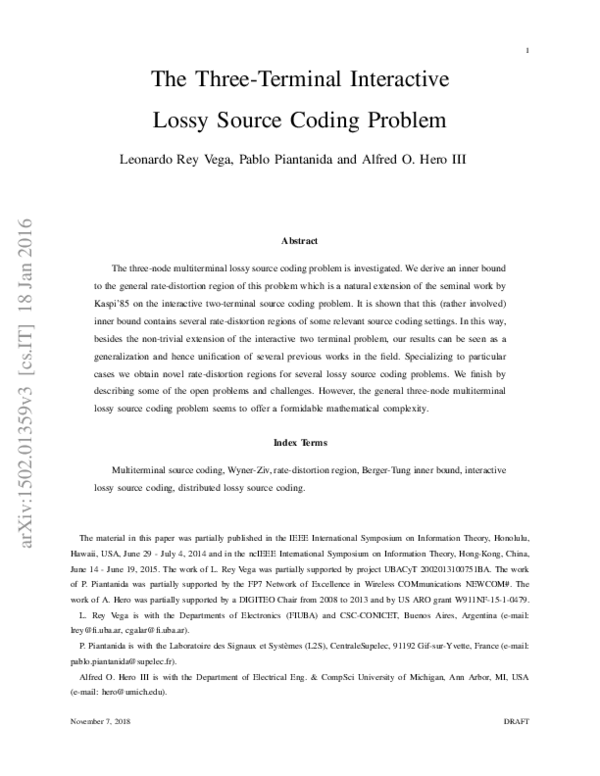 (PDF) On the three-terminal interactive lossy source coding problem