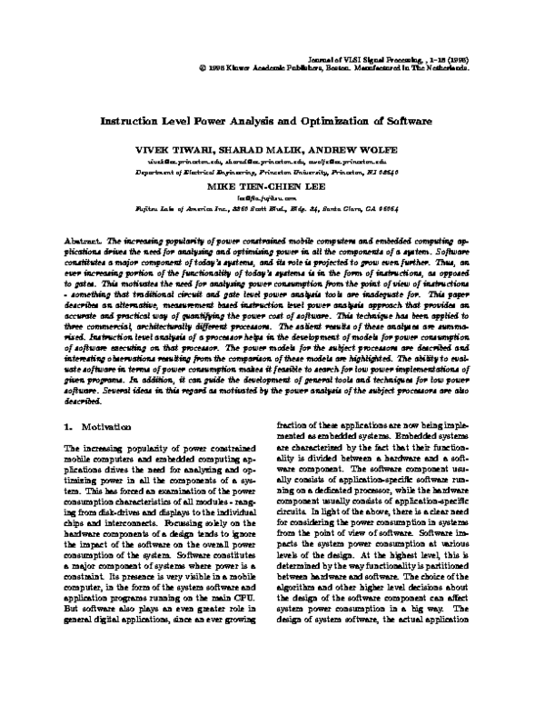 (PDF) Instruction level power analysis and optimization of software