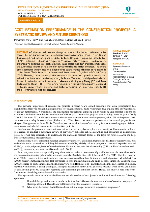 (PDF) Cost Estimation Performance in the Construction Projects: A ...