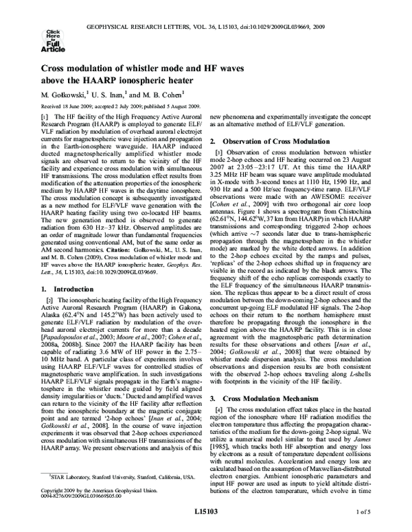 (PDF) Cross modulation of whistler mode and HF waves above the HAARP ...