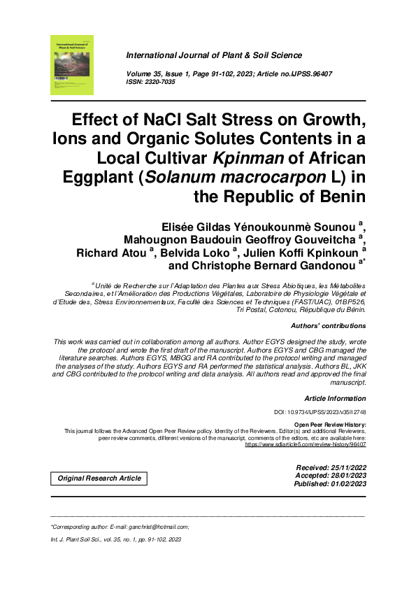 (PDF) Effect of NaCl Salt Stress on Growth, Ions and Organic Solutes ...