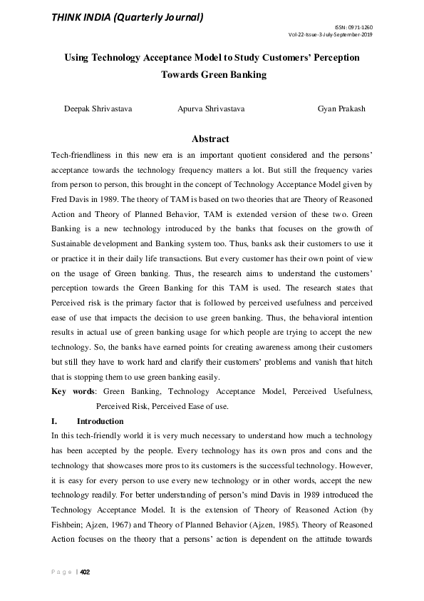(PDF) Using Technology Acceptance Model to Study Customers’ Perception ...