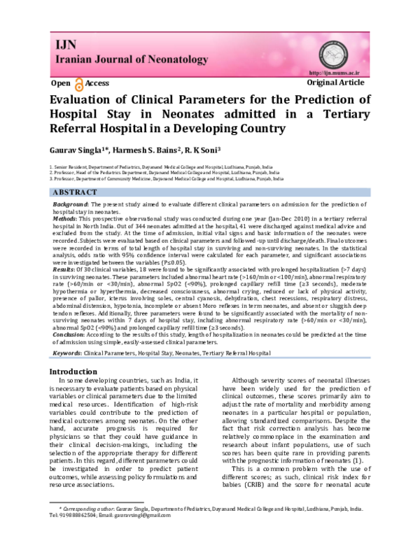(PDF) Evaluation of clinical parameters for predicting hospital stay in ...