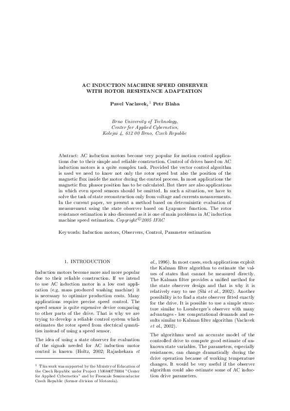 (PDF) Ac Induction Machine Speed Observer with Rotor Resistance Adaptation
