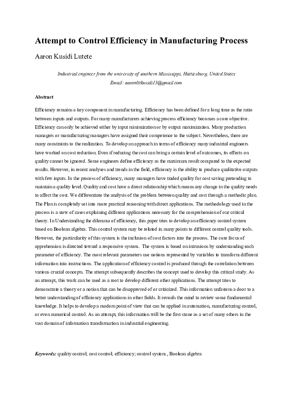(DOC) Attempt to Control Efficiency in Manufacturing