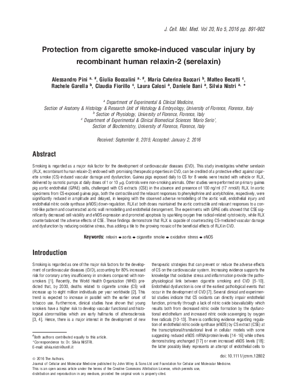 Protection from cigarette smoke-induced vascular injury by recombinant human relaxin-2 (serelaxin)