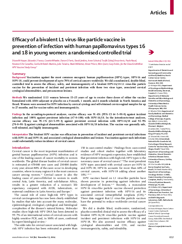 (PDF) Efficacy of a bivalent L1 virus-like particle vaccine in ...