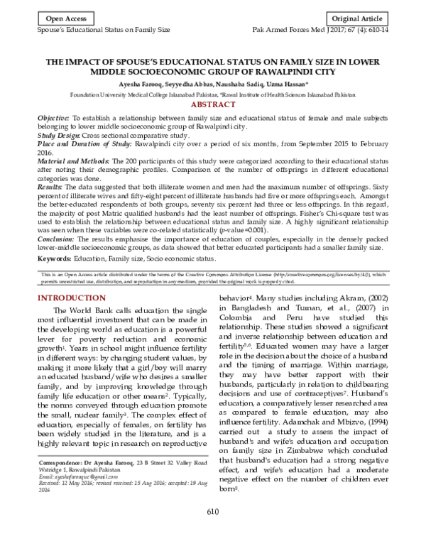 (PDF) The Impact of Spouse’s Educational Status on Family Size in Lower ...