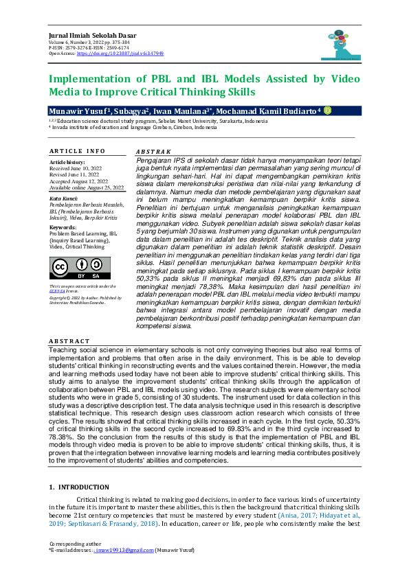 (PDF) Implementation of PBL and IBL Models Assisted by Video Media to ...
