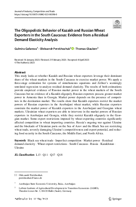 (PDF) The Oligopolistic Behavior of Kazakh and Russian Wheat Exporters