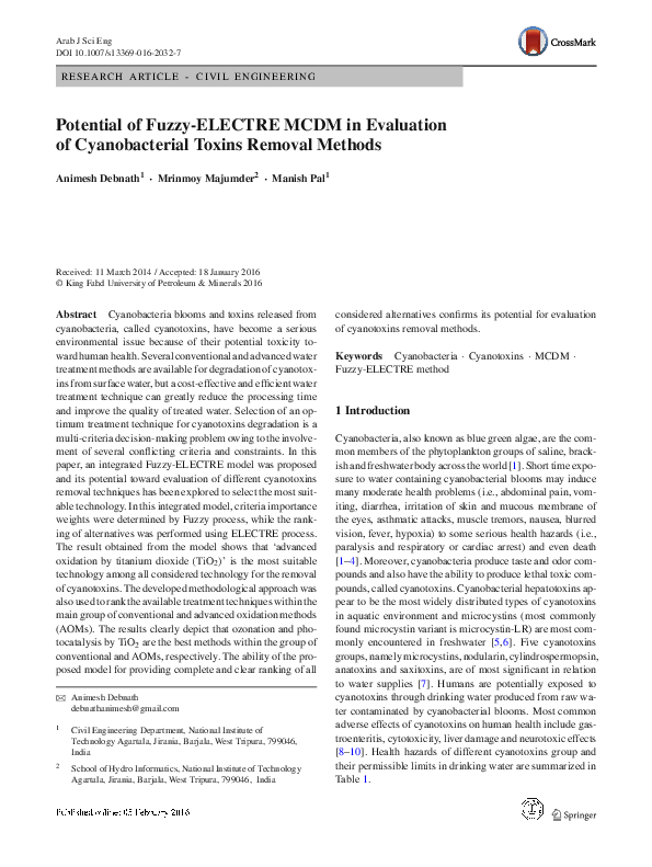 (PDF) Potential of Fuzzy-ELECTRE MCDM in Evaluation of Cyanobacterial ...
