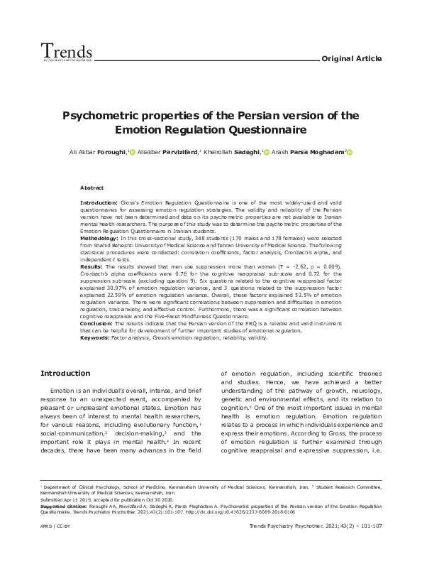(PDF) Psychometric properties of the Persian version of the Emotion ...