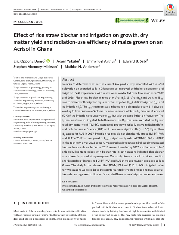 (PDF) Effect of rice straw biochar and irrigation on growth, dry matter ...