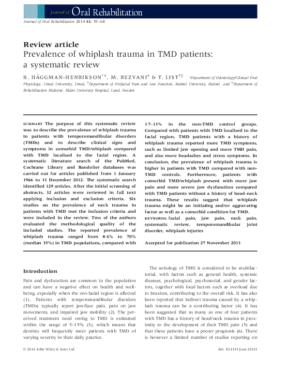 (PDF) Prevalence of whiplash trauma in TMD patients: a systematic review