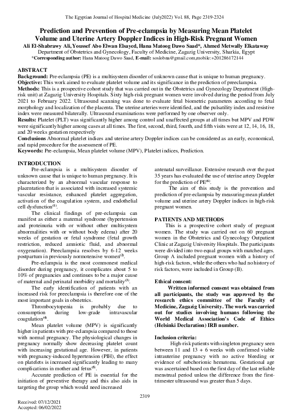 (PDF) Prediction and Prevention of Pre-eclampsia by Measuring Mean ...