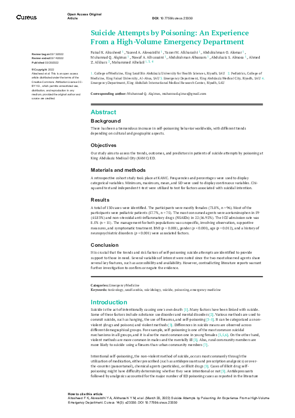(PDF) Suicide Attempts by Poisoning: An Experience From a High-Volume ...