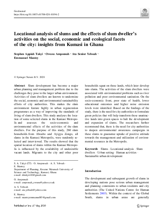(PDF) Locational analysis of slums and the effects of slum dweller’s ...