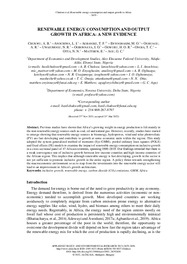 (PDF) Renewable Energy Consumption and Output Growth in Africa: A New ...