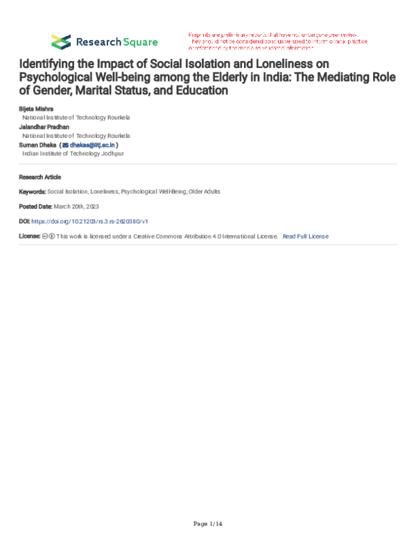 (PDF) Identifying the Impact of Social Isolation and Loneliness on ...