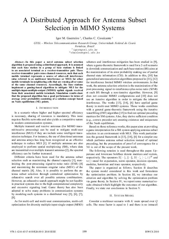 (PDF) A distributed approach for antenna subset selection in MIMO systems