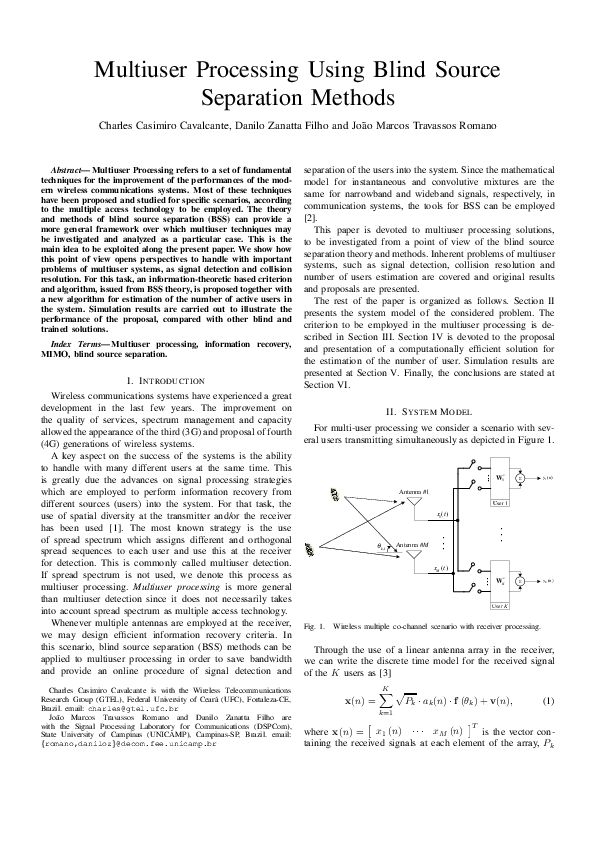 (PDF) Multiuser processing using blind source separation methods