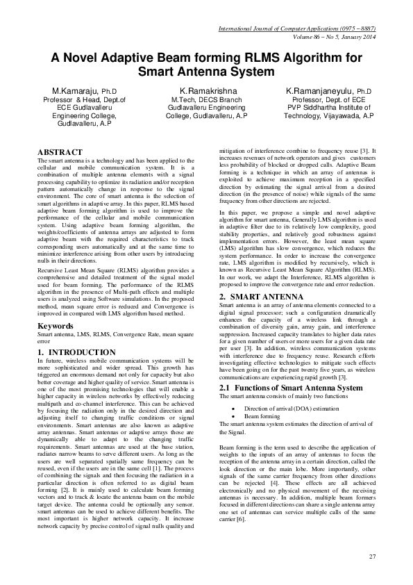 (PDF) A Novel Adaptive Beam forming RLMS Algorithm for Smart Antenna System