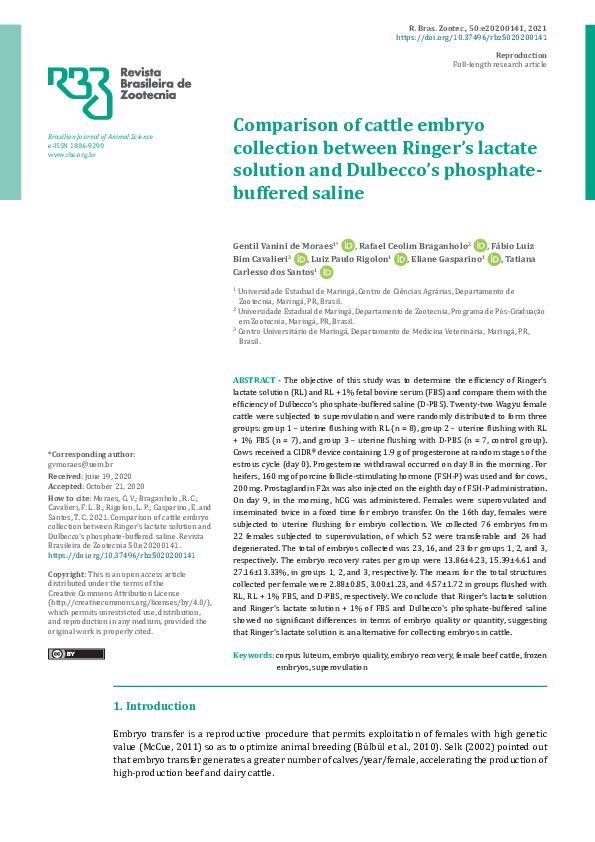 (PDF) Comparison of cattle embryo collection between Ringer’s lactate ...