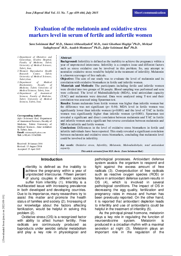 (PDF) Evaluation of the melatonin and oxidative stress markers level in ...
