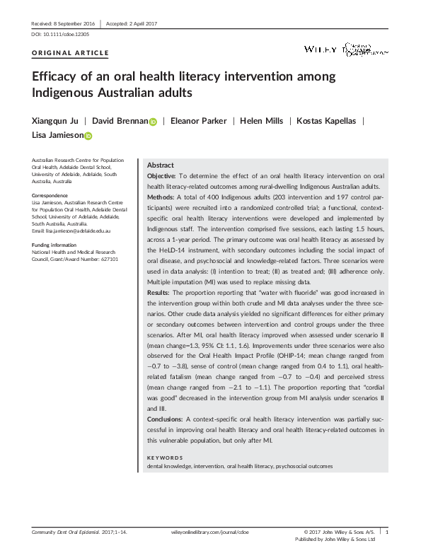 (PDF) Efficacy of an oral health literacy intervention among Indigenous ...