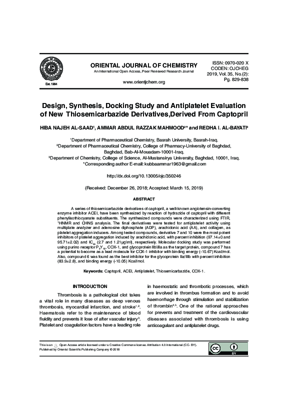 (PDF) Design, Synthesis, Docking Study and Antiplatelet Evaluation of ...