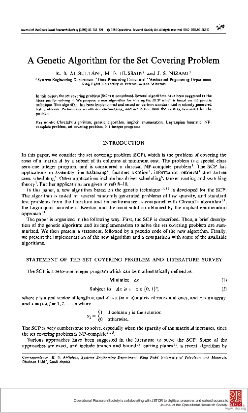 (PDF) A genetic algorithm for the set covering problem