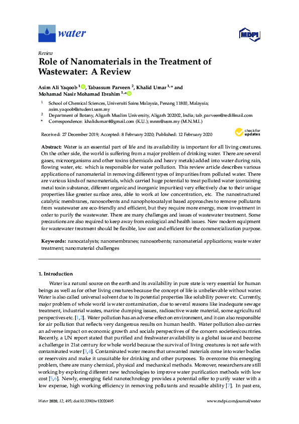 (PDF) Role of Nanomaterials in the Treatment of Wastewater: A Review