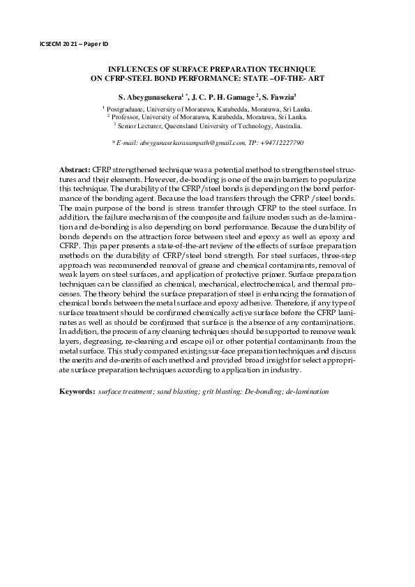 (PDF) INFLUENCES OF SURFACE PREPARATION TECHNIQUE ON CFRP-STEEL BOND ...