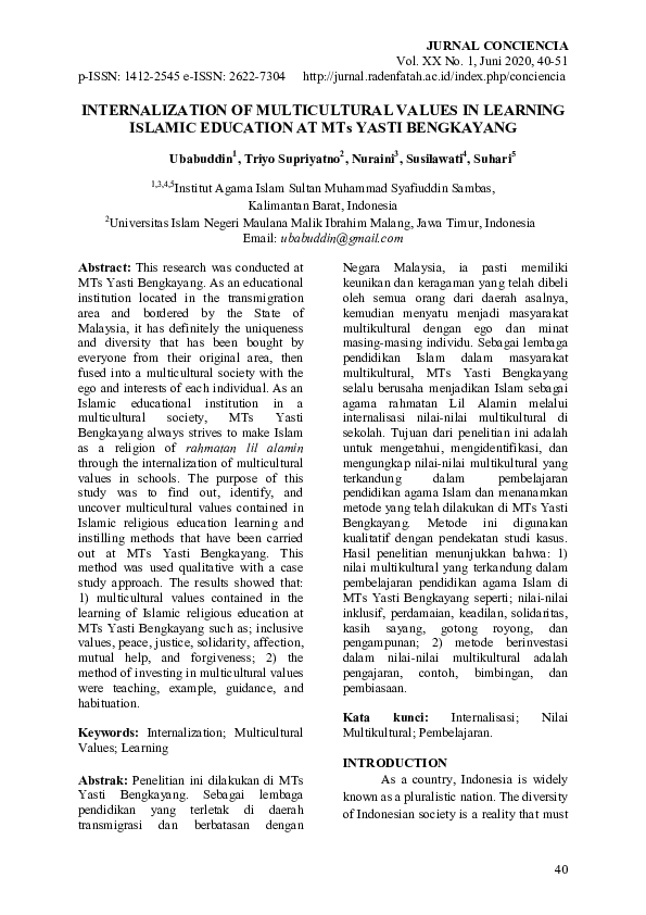 (PDF) INTERNALIZATION OF MULTICULTURAL VALUES IN LEARNING ISLAMIC ...