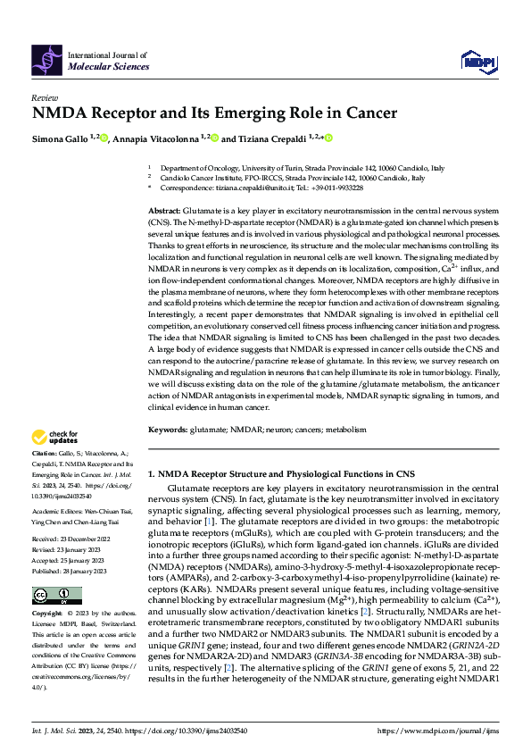 (PDF) NMDA Receptor and Its Emerging Role in Cancer