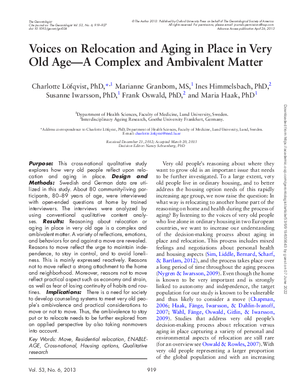 (PDF) Voices on Relocation and Aging in Place in Very Old Age--A ...