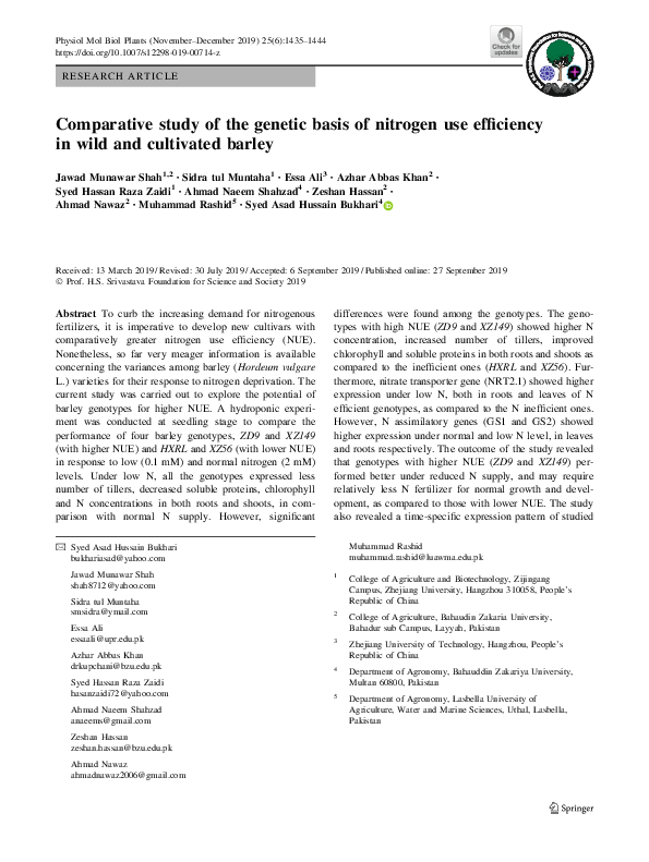 (PDF) Comparative study of the genetic basis of nitrogen use efficiency ...