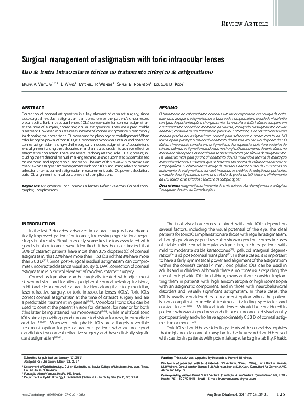 (PDF) Surgical management of astigmatism with toric intraocular lenses