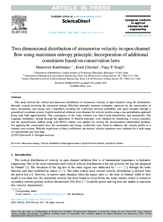 (PDF) Two-dimensional distribution of streamwise velocity in open ...