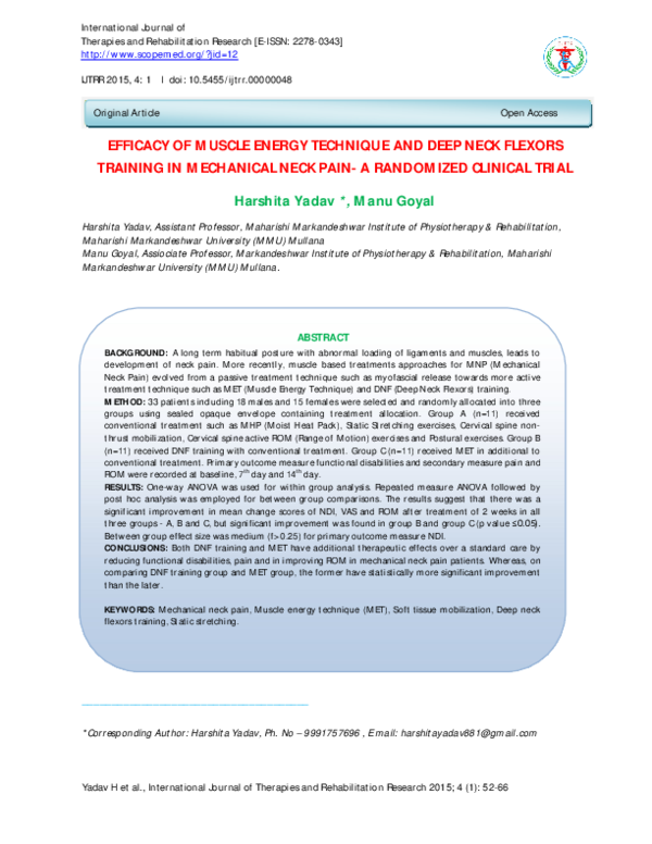 (PDF) Efficacy of Muscle Energy Technique and Deep Neck Flexors ...
