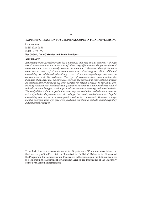 (PDF) Exploring reaction to subliminal codes in print advertising