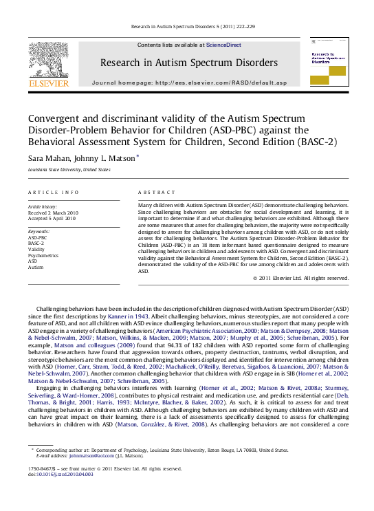 (PDF) Convergent and discriminant validity of the Autism Spectrum ...