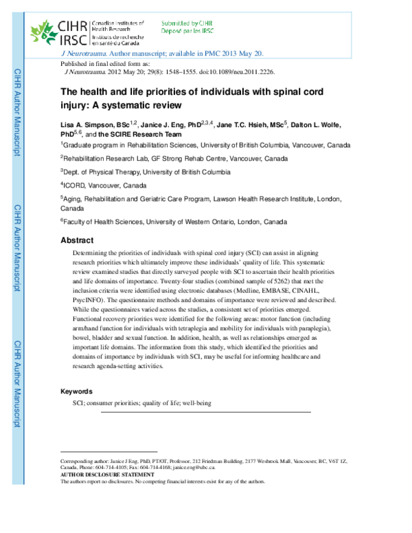 (PDF) The Health and Life Priorities of Individuals with Spinal Cord ...