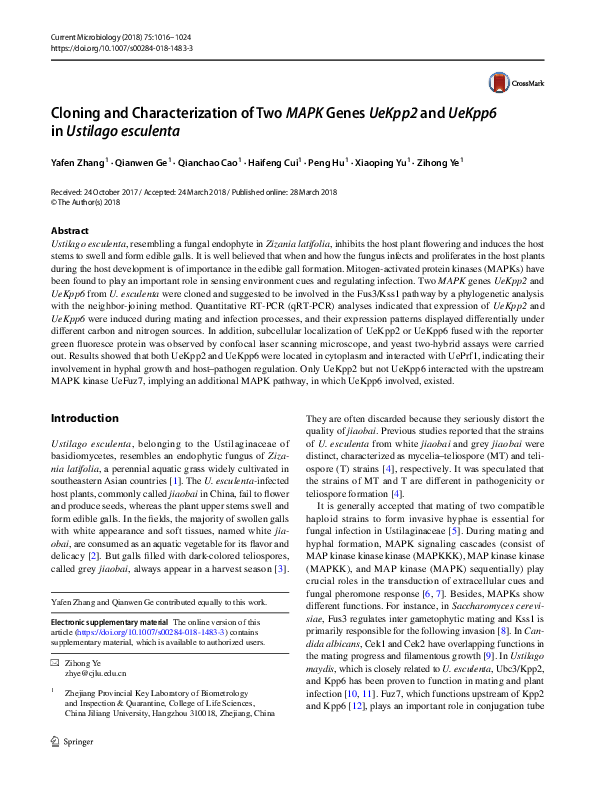 (PDF) Cloning and Characterization of Two MAPK Genes UeKpp2 and UeKpp6 ...