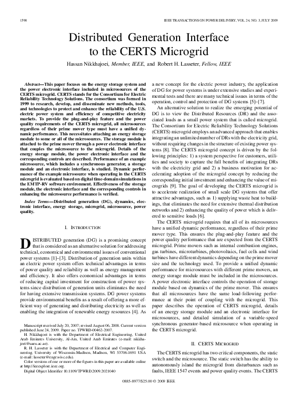 (PDF) Distributed Generation Interface to the CERTS Microgrid