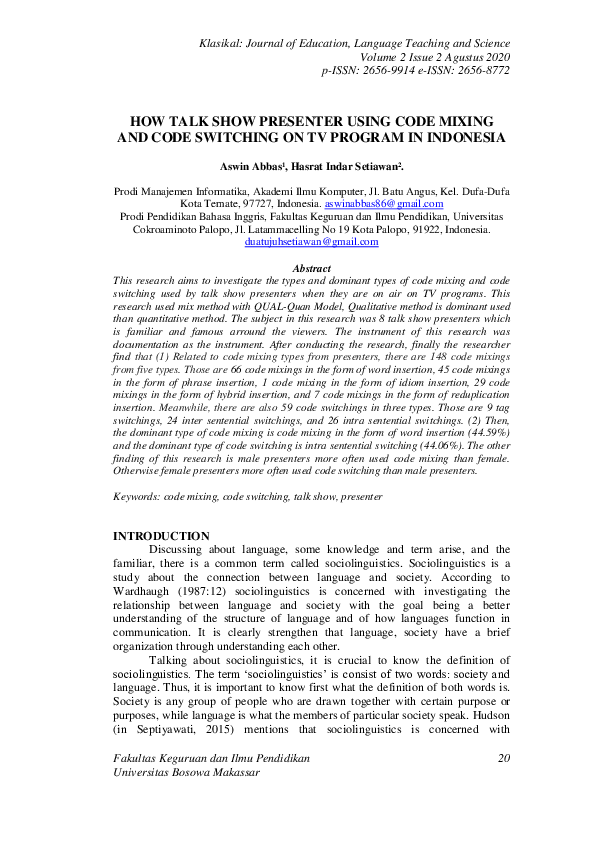 (PDF) How Talk Show Presenter Using Code Mixing and Code Switching on ...