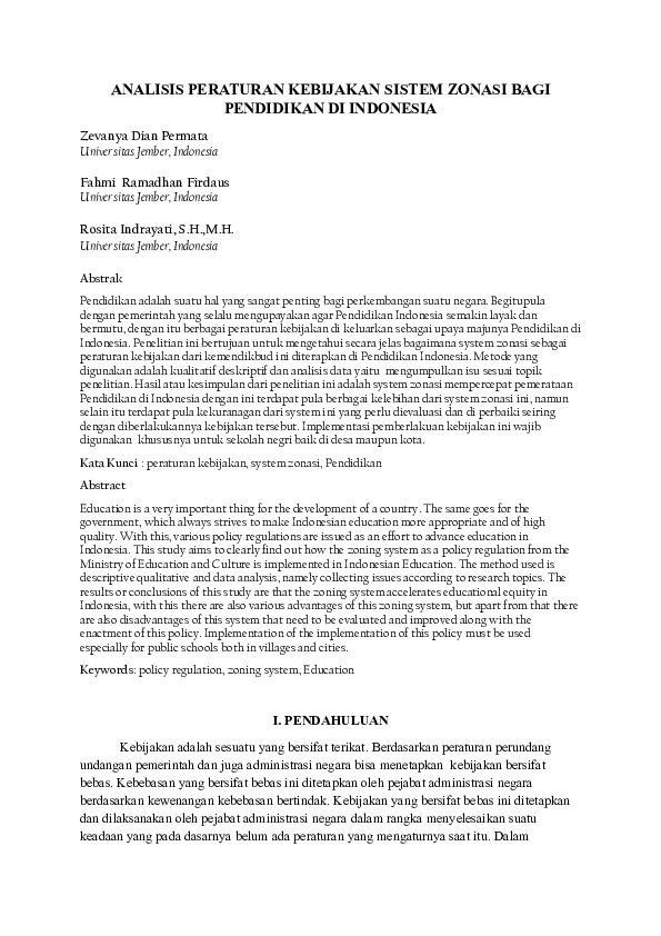 (PDF) ANALISIS PERATURAN KEBIJAKAN SISTEM ZONASI BAGI PENDIDIKAN DI ...