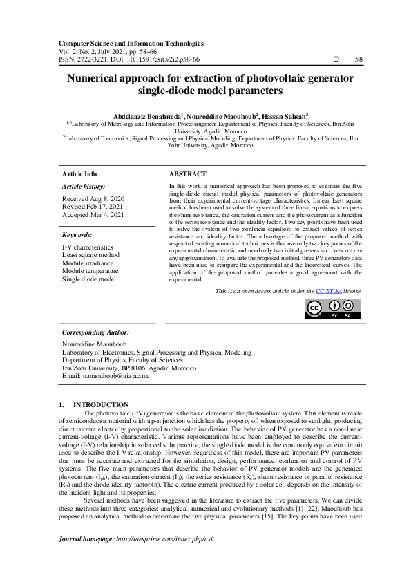 (PDF) Numerical approach for extraction of photovoltaic generator ...