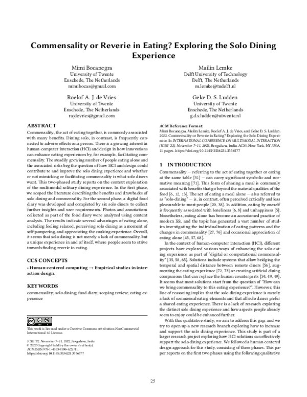 (PDF) Commensality or Reverie in Eating? Exploring the Solo Dining ...
