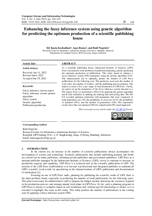 (PDF) Enhancing the fuzzy inference system using genetic algorithm for ...
